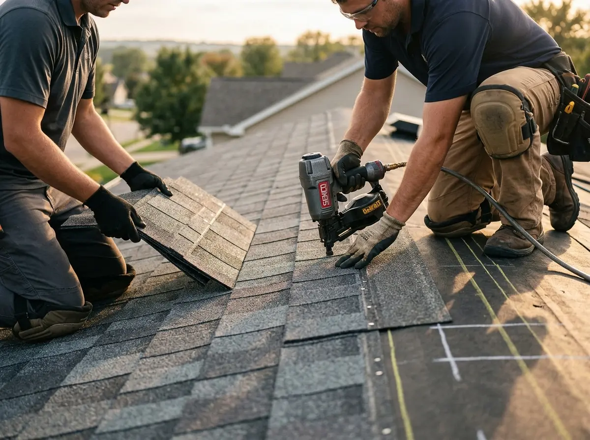 Professional roofer working on a residential roof in Kermit